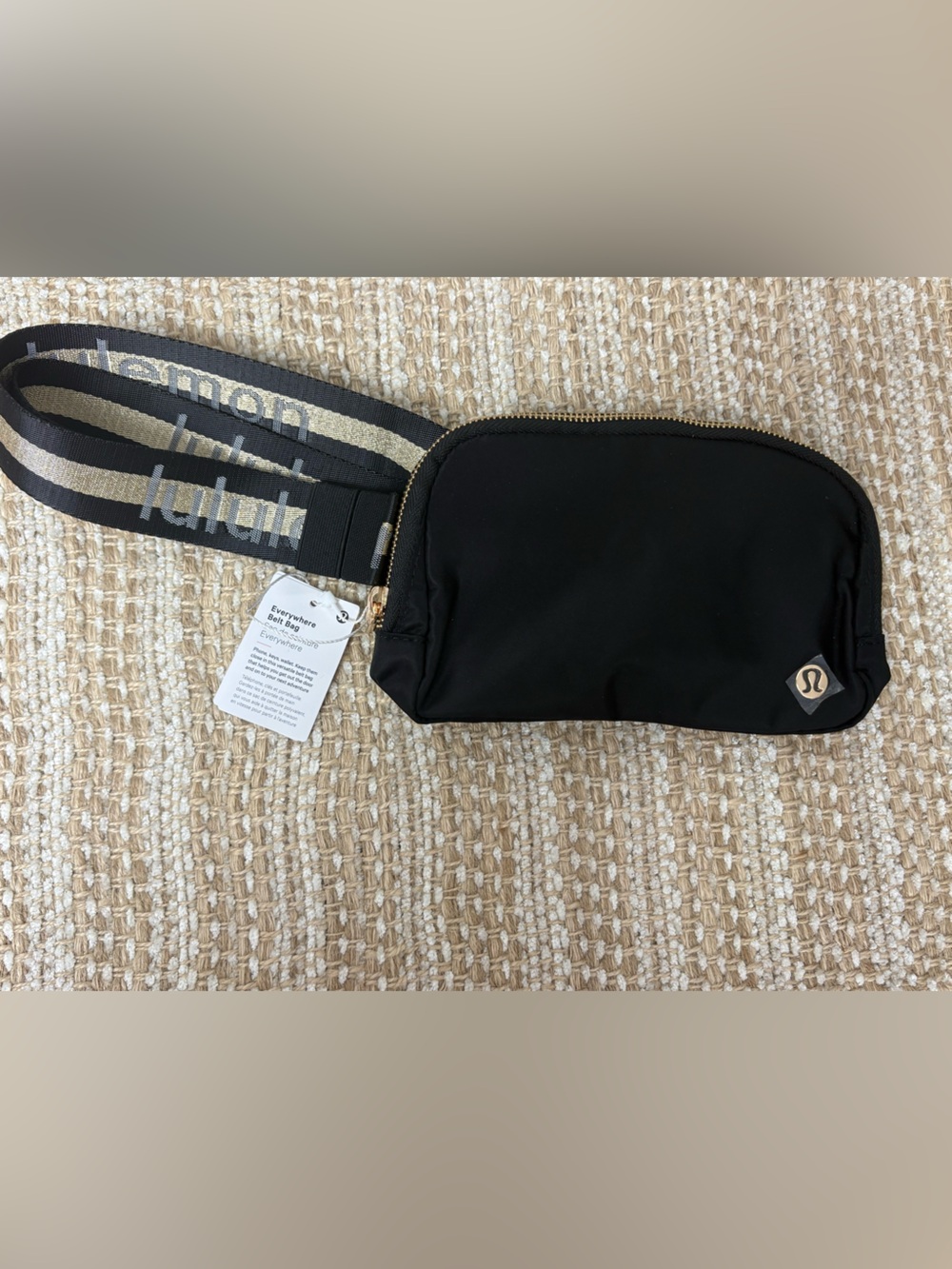 Retired lululemon athletica Black Belt Bag with Gold-Accent Striped Strap